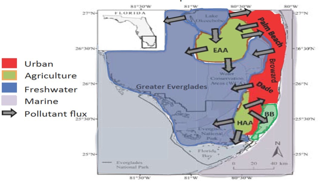 Map showing pollutant flux among urban, agricultural, freshwater and marine areas of South Florida